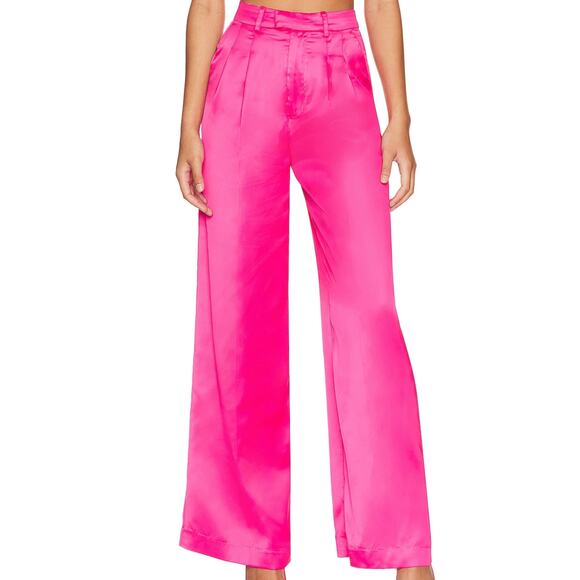 Lovers + Friends Barbie Pink Satin Wide Leg Pant XS Trouser High Rise $198 NEW - Picture 1 of 8
